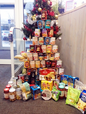 Christmas tree made from donated food from Swansea university Residences