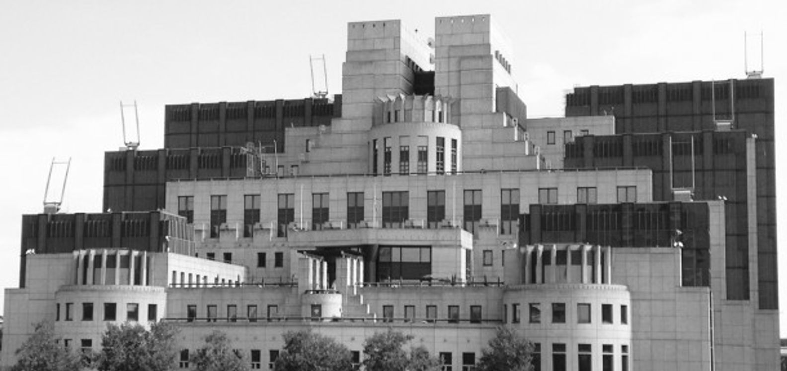 Black and White image of concrete buildings 
