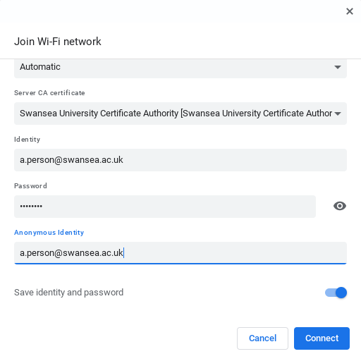 Screenshot of the bottom half of the Join Wi-Fi network screen, showing an example username a.person@swansea.ac.uk in the Identity and Anonymous Identity fields, and 8 dots representing password characters in the Password field. At the bottom of the screen the Save Identity and Password setting is switched on, and there is a Connect button.