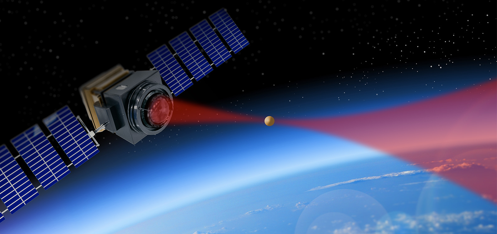 An artistic impression of a small satellite in low Earth orbit showing a spherical glass nanoparticle held at the focus of a laser outside the spacecraft, as a potential application of the technology to be developed in the LOTIS project.